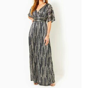 Parigi maxi dress, True Navy x Gold Metallic Rope Stripe Crinkle Knit, size M